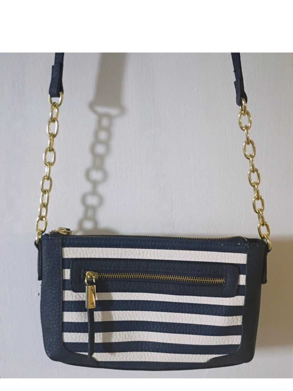 Merona Navy and White Striped Crossbody with Gold Chain